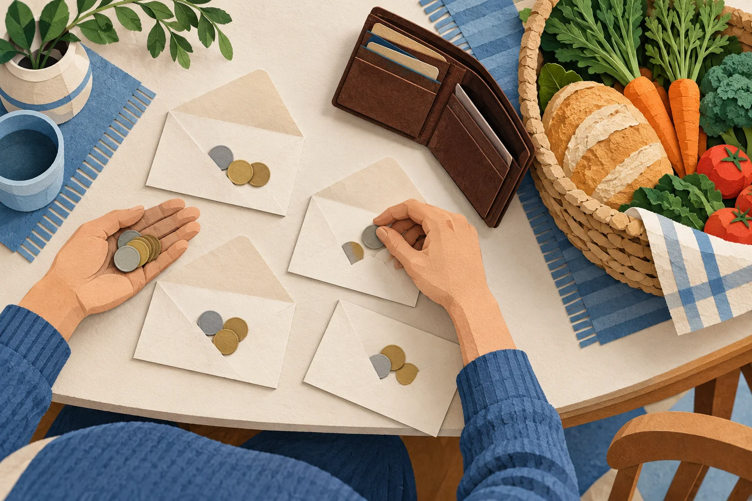 Illustration de mains répartissant des pièces dans des enveloppes, près d’un portefeuille et d’un panier de provisions.