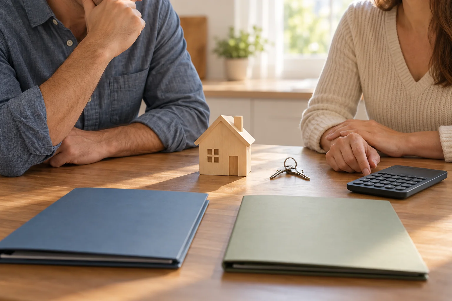Deux personnes devant une maquette de maison, des clés, une calculatrice et deux dossiers.