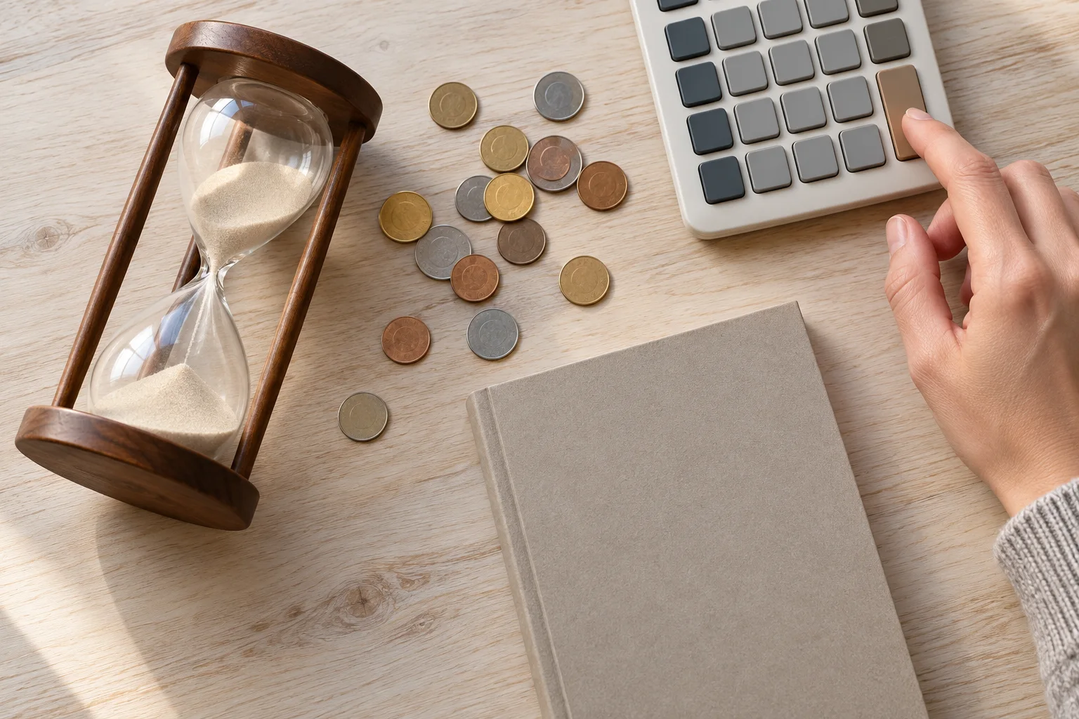 Sablier, pièces de monnaie et carnet sur une table, avec une main sur une calculatrice.